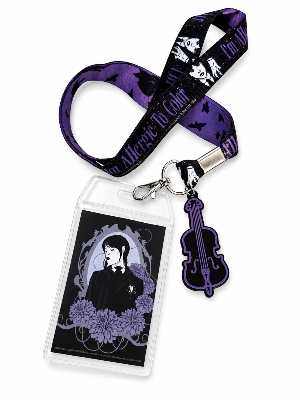 Wednesday Addams Purple & Black Lanyard ID Badge Holder Violin Charm